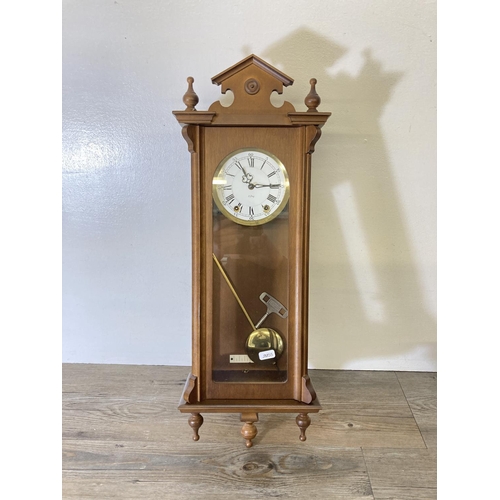 198 - Three items, one mahogany effect barometer, one Smiths oak cased chiming mantle clock with pendulum ... 