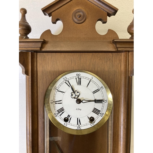 198 - Three items, one mahogany effect barometer, one Smiths oak cased chiming mantle clock with pendulum ... 