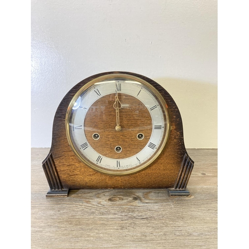 198 - Three items, one mahogany effect barometer, one Smiths oak cased chiming mantle clock with pendulum ... 