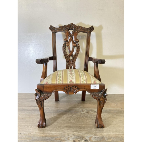 224 - A Chippendale style mahogany child's armchair with Regency striped upholstery - approx. 49cm high x ... 