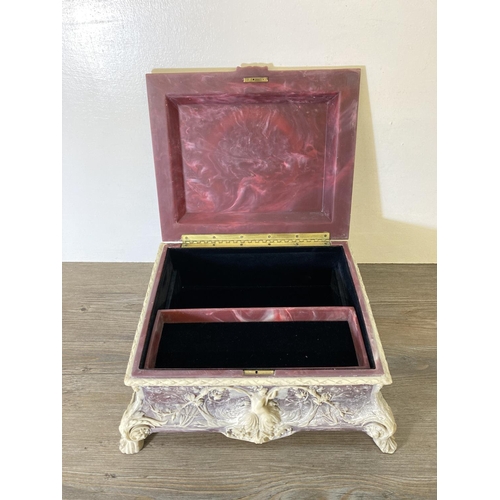 231 - A 19th century style pink Incolay stone jewellery box - approx. 17cm high x 39cm wide x 32cm deep