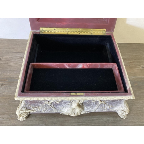 231 - A 19th century style pink Incolay stone jewellery box - approx. 17cm high x 39cm wide x 32cm deep
