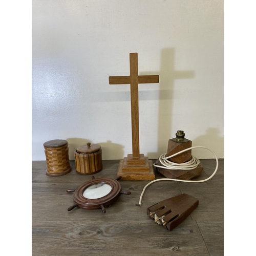 237 - A collection of treenware to include oak religious cross - approx. 46cm high, oak table lamp - appro... 