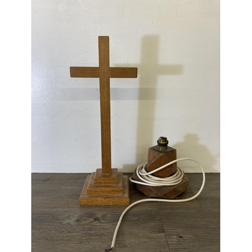 237 - A collection of treenware to include oak religious cross - approx. 46cm high, oak table lamp - appro... 