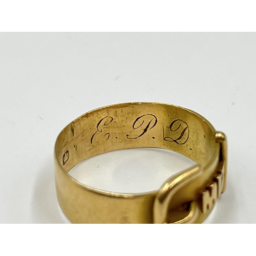 1126 - Two gold rings, one Mizpah - approx. gross weight 3.38 grams and one 15ct gold garnet trilogy ring -... 