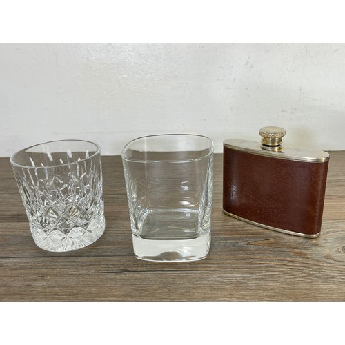 37 - A collection of advertising glasses and drinking accessories to include hip flask, wine tool set, Ju... 