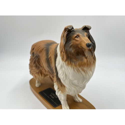 12 - A Beswick Collie (Rough) Connoisseur model on wooden plinth - approx. 20cm high x 24cm wide