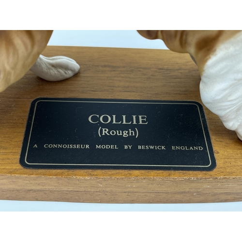 12 - A Beswick Collie (Rough) Connoisseur model on wooden plinth - approx. 20cm high x 24cm wide