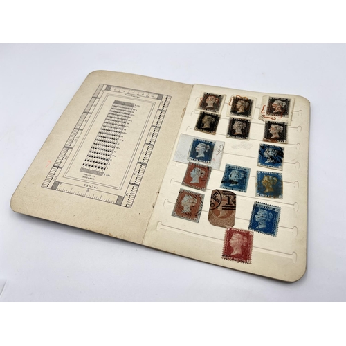 1300 - A stamp stock book containing stamps to include six penny blacks, five two pence blues etc.