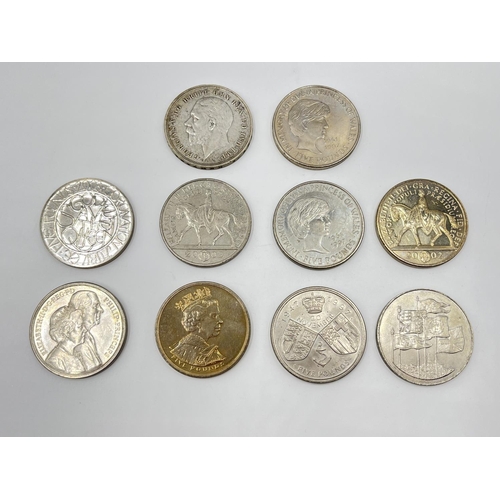 1301 - Ten large British commemorative coins, nine £5 and one 1935 50% silver crown