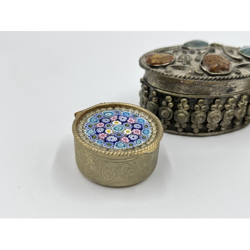 18 - Three pill boxes, one Museum Collections Ltd Lily Pond, one Millefiori and one white metal and semi ... 