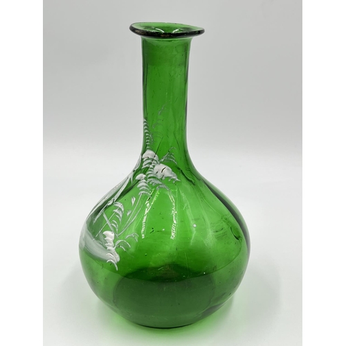 5 - Two Victorian Mary Gregory style green glass vases -  largest approx. 19cm high