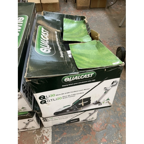 705 - Two boxed Qualcast cordless garden items, one QLI30 strimmer and one QGTLI20 mower