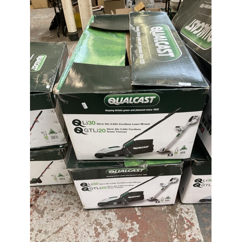 706 - Two boxed Qualcast cordless garden items, one QLI30 strimmer and one QGTLI20 mower