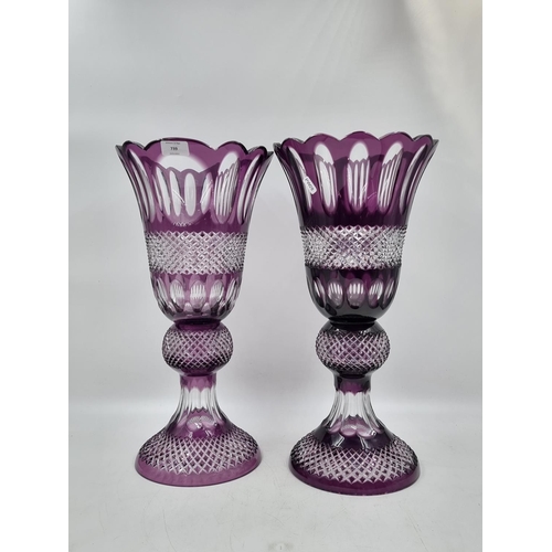 58A - A pair of large vintage Bohemian purple cut glass pedestal vases - approx. 50cm high x 24cm diameter