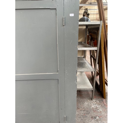 298A - A vintage grey painted pine single door school cabinet - approx. 176cm high x 110cm wide x 37cm deep