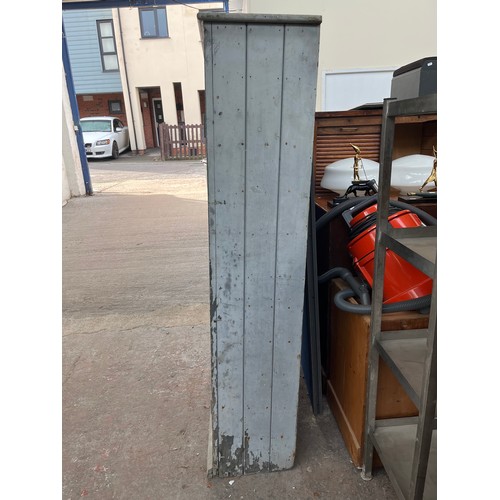 298A - A vintage grey painted pine single door school cabinet - approx. 176cm high x 110cm wide x 37cm deep