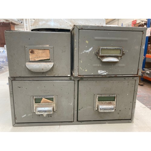 69A - Five pieces of metalware, four vintage grey single drawer index filing cabinets and one set of Avery... 