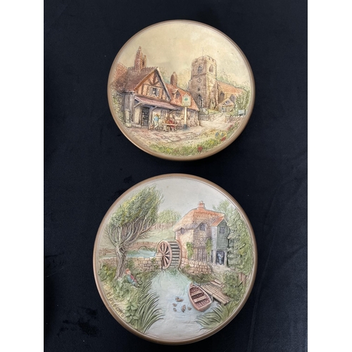 163 - Six Bossons chalkware wall plaques to include Village Mill, Village Pub, The Departure, Tom Moore's ... 