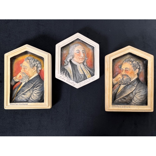 175 - Three Bossons Ivorex wall plaques comprising two Charles Dickens and John Wesley