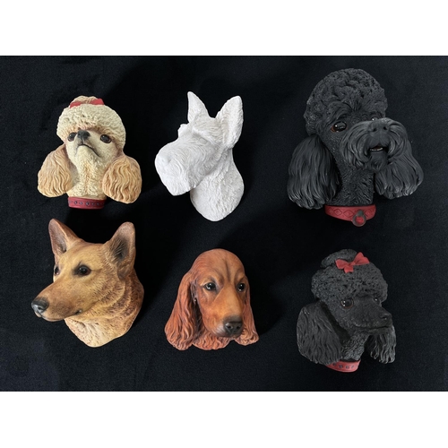 203 - Six Bossons miniature chalkware dog head wall masks to include Corgi, Black Poodle, Spaniel, Scottie... 