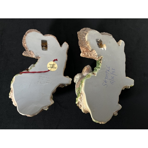 205 - Two Bossons Owls and Squirrel chalkware animal wall plaques - one being a sample dated 13/12/93