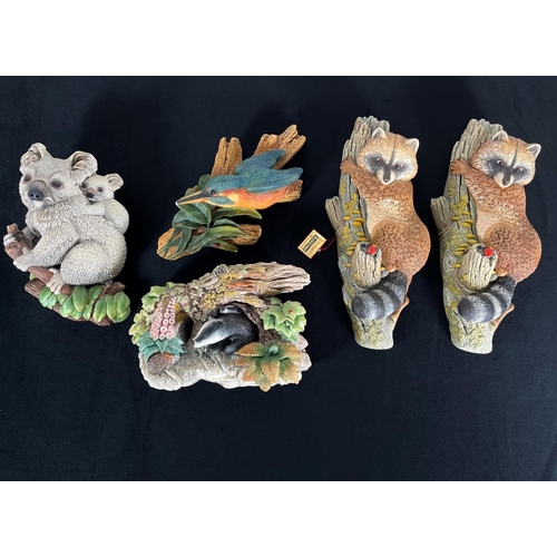 209 - Five Bossons chalkware animal wall plaques comprising Kingfisher, two Racoons, Koalas and Badger