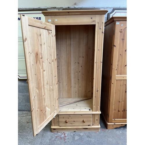 1001 - A modern solid pine single door wardrobe with lower drawer - approx. 202cm high x 95cm wide x 62cm d... 