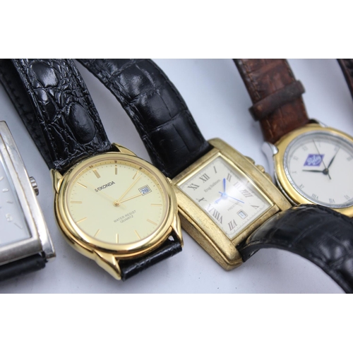 2175 - Six quartz men's wristwatches to include Mondaine, Armani, Volvo designed radiator grill etc.