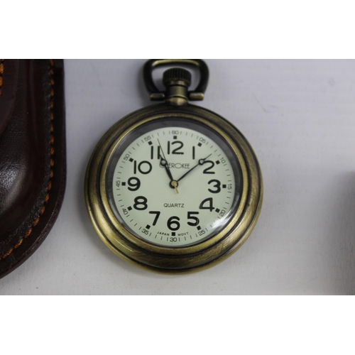 2181 - A collectoin of collectors quartz pocket watches to include Steam Train themes, Eagle themes etc.