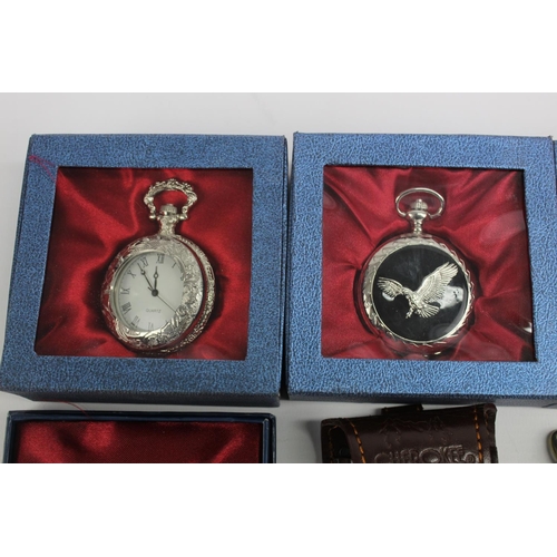 2181 - A collectoin of collectors quartz pocket watches to include Steam Train themes, Eagle themes etc.