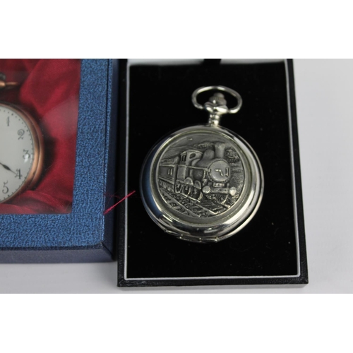 2181 - A collectoin of collectors quartz pocket watches to include Steam Train themes, Eagle themes etc.