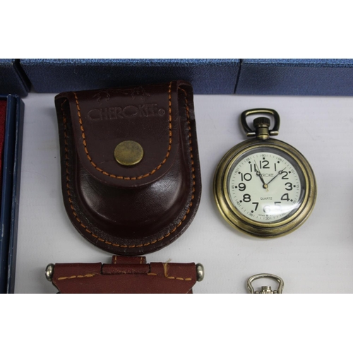 2181 - A collectoin of collectors quartz pocket watches to include Steam Train themes, Eagle themes etc.