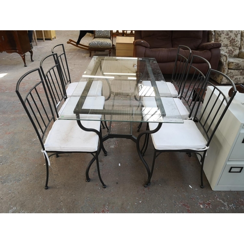 1092 - A modern wrought iron and glass top rectangular dining table and six matching chairs - approx. 77cm ... 