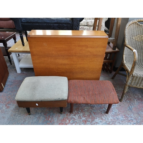 1095 - Three pieces of mid 20th century furniture, one teak drop leaf gate leg dining table, one teak and b... 