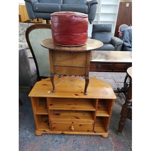 1097 - Three pieces of furniture, one mid 20th century red and beige vinyl upholstered footstool, one walnu... 