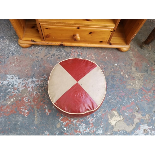 1097 - Three pieces of furniture, one mid 20th century red and beige vinyl upholstered footstool, one walnu... 