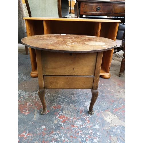 1097 - Three pieces of furniture, one mid 20th century red and beige vinyl upholstered footstool, one walnu... 