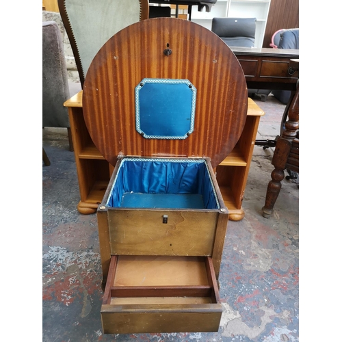 1097 - Three pieces of furniture, one mid 20th century red and beige vinyl upholstered footstool, one walnu... 