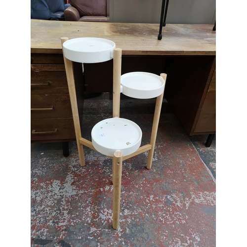 1100 - A modern white metal and beech three tier plant stand - approx. 78cm high