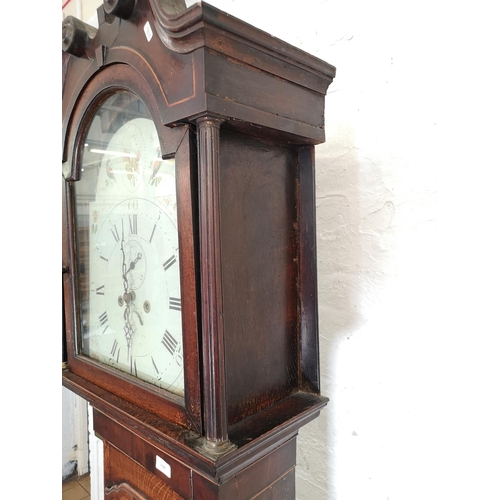 1104 - A George III Samuel Newnes Whitchurch oak and mahogany cased Grandfather clock with hand painted ena... 