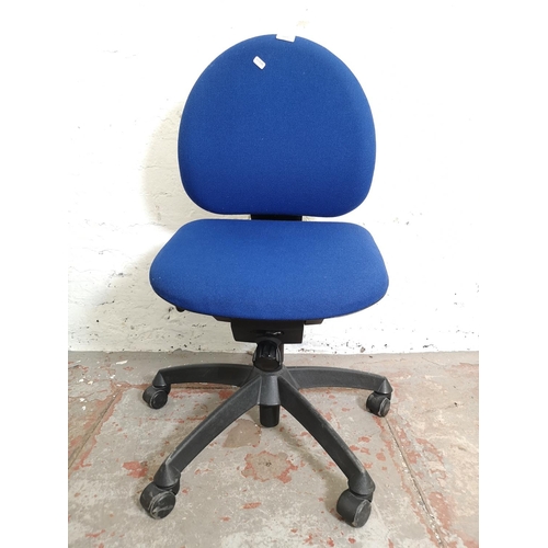 1109 - A Labofa blue upholstered and black plastic office swivel/adjustable desk chair