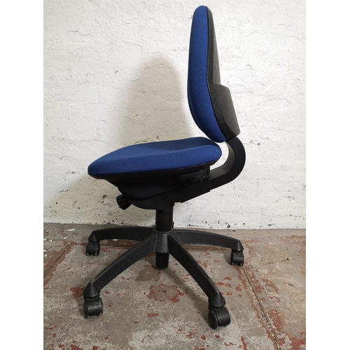 1109 - A Labofa blue upholstered and black plastic office swivel/adjustable desk chair