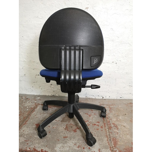 1109 - A Labofa blue upholstered and black plastic office swivel/adjustable desk chair