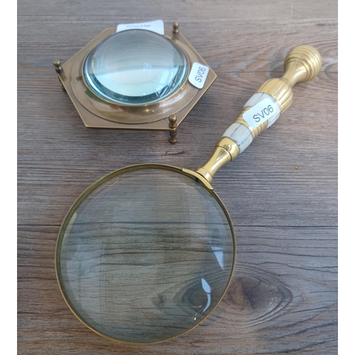 1468 - Two magnifying glasses, one tabletop and one mother of pearl and brass handled