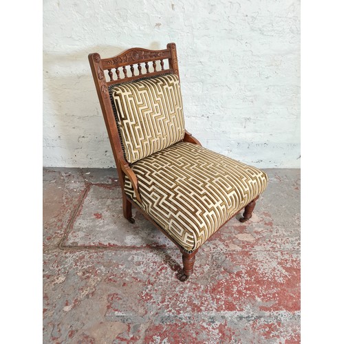 1064C - An Edwardian beech and fabric upholstered parlour chair - approx. 93cm high x 62cm wide x 62cm deep