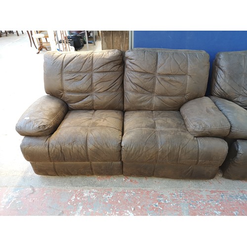 1065 - A modern brown suede reclining two piece lounge suite