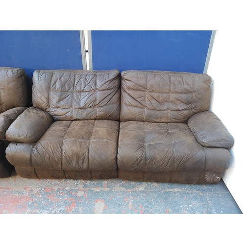 1065 - A modern brown suede reclining two piece lounge suite