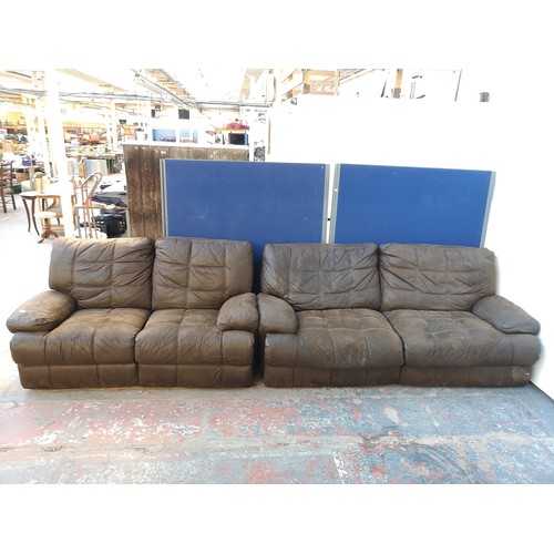 1065 - A modern brown suede reclining two piece lounge suite