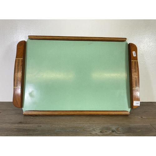 1463 - An early 20th century inlaid mahogany and green laminate serving tray - approx. 58cm x 37cm